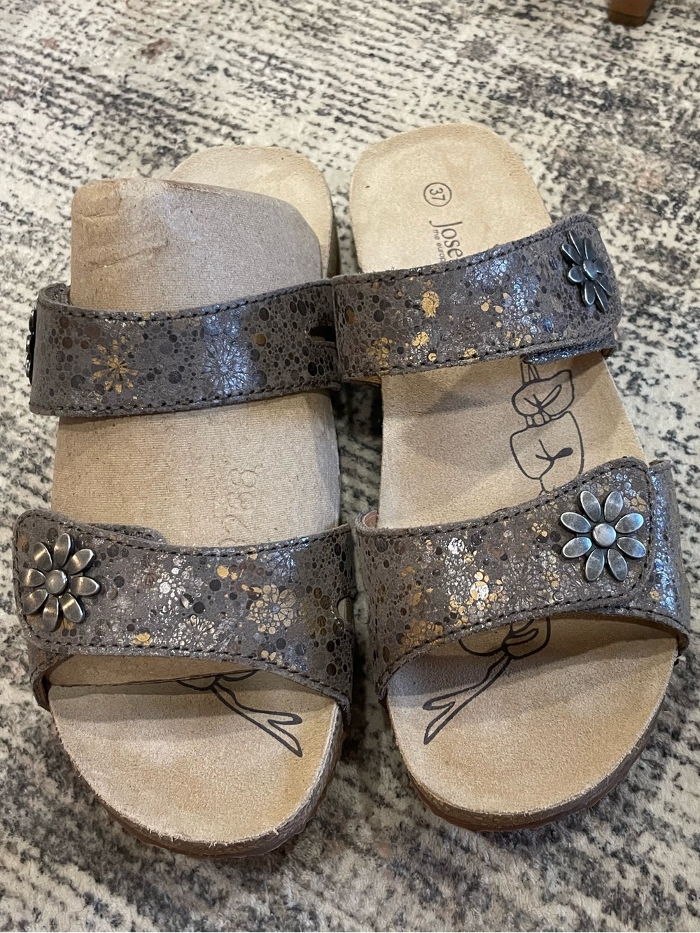 Josef Seibel Brown Metallic Floral Double-Strap Mules